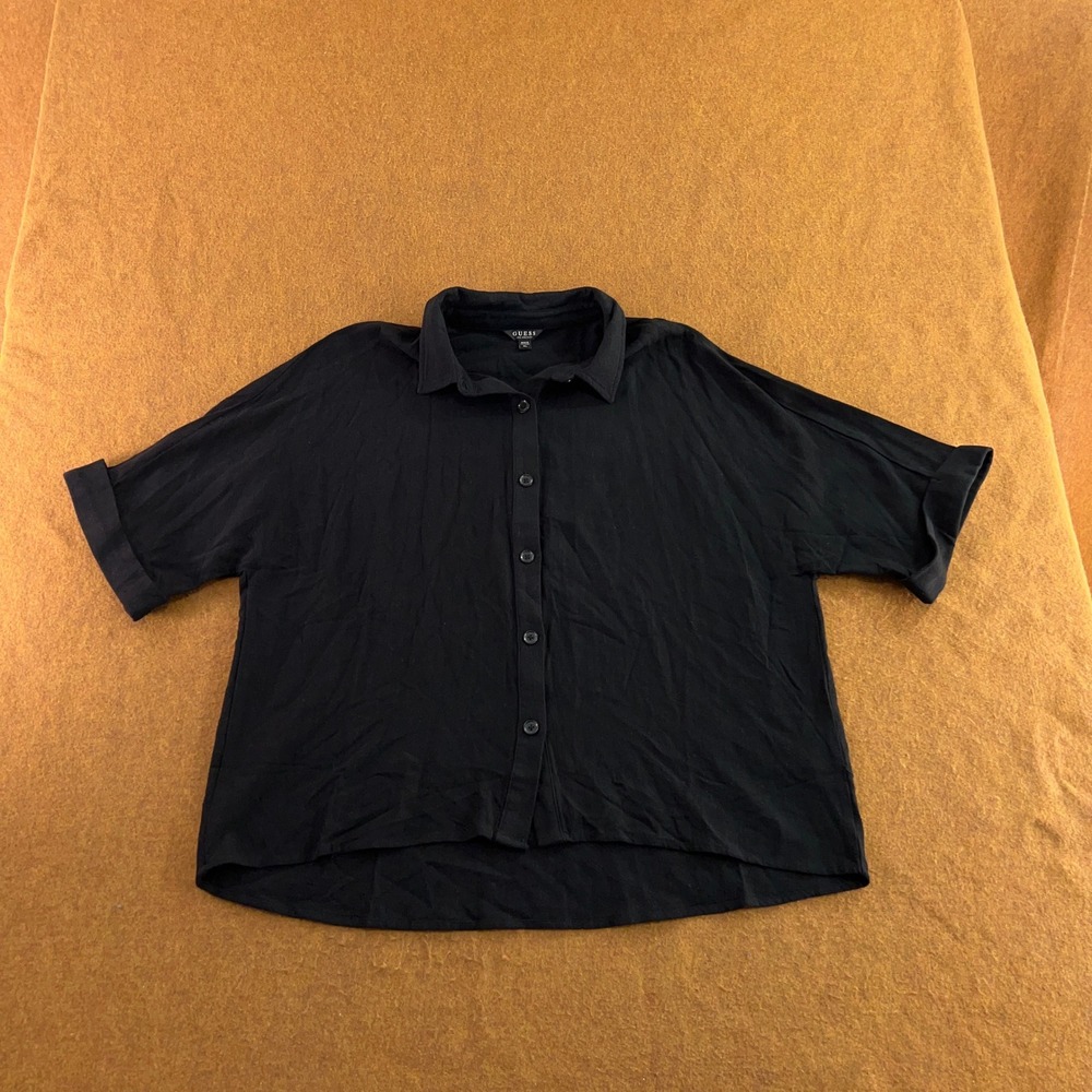Guess Womens XL Black Rayon Blend Short Sleeve Button Down Shirt New